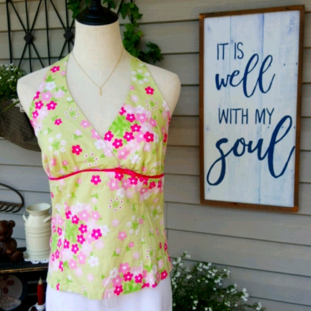 STUDIO Y ♡ Gorgeous Vintage Lime Green|Pink 'n White Floral V Neck Halter Top M